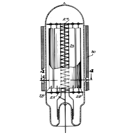 Black and white cut-away illustration of the Farnsworth Multipactor, from U.S. Patent 2,091,439