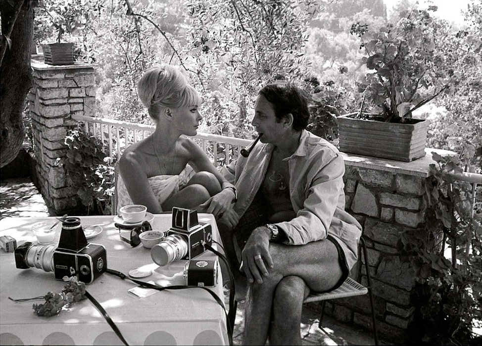 Elke Sommer and husband Joe Hyams at their home in Benedict Canyon, North Beverly Hills, photo by Angelo Frontoni, 1965.