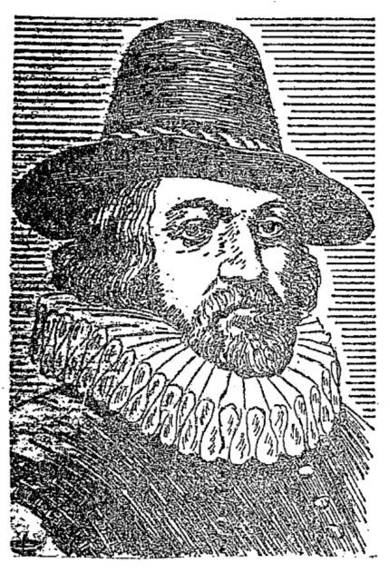 Black and white xerographic reproduction of an etching of Sir Francis Bacon, uncaptioned.