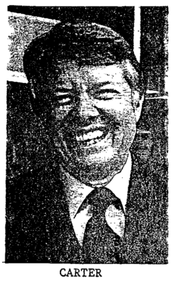 Black and white xerographic reproduction of a press photograph of then presidential candidate Jimmy Carter, captioned simply CARTER.