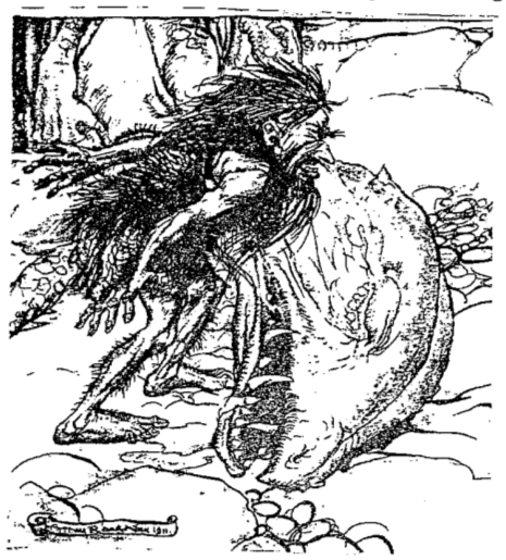 Black and white xerographic reproduction of an illustration by Arthur Rackham from "Siegfried & The Twilight of the Gods", depicting the dwarves quarreling over the body of Fafner.