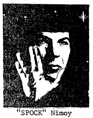 Black and white xerographic reproduction of a press photo of Leonard Nimoy as the Star Trek character Spock, captioned "SPOCK" Nimoy.