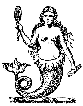 A fishtailed woman with a mirror in one hand and a branch in the other.
