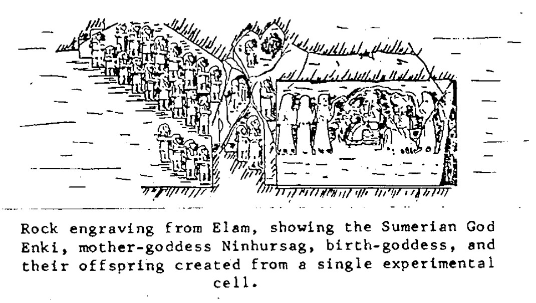 Rock engraving from Elam, showing the Sumerian God Enki, mother-goddess Ninhursag, birth-goddess, and their offspring created from a single experimental cell.