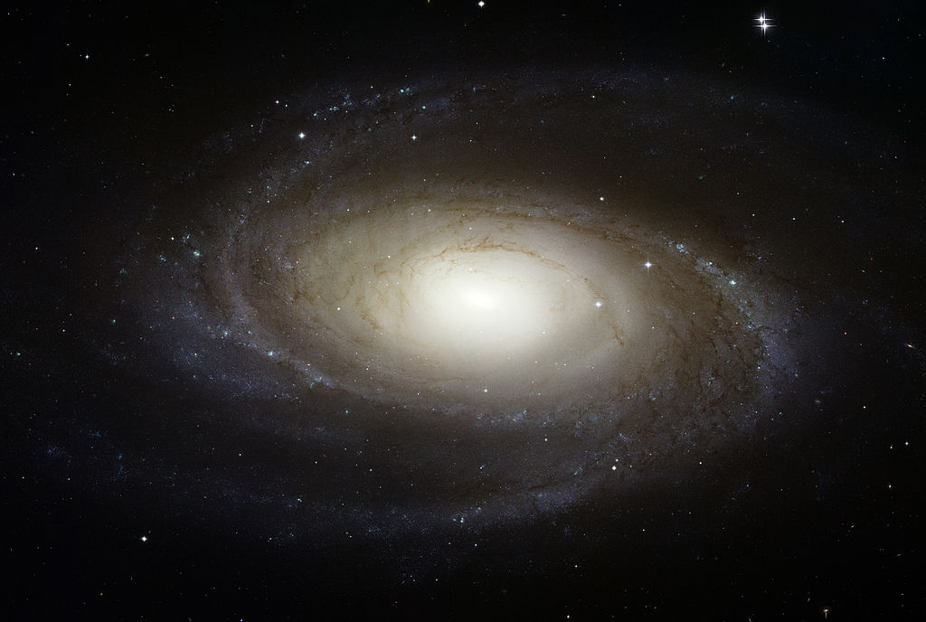 The spiral galaxy Messier 81 is tilted at an oblique angle on to our line of sight, giving a *birds-eye view* of the spiral structure. The galaxy is similar to our Milky Way, but our favorable view provides a better picture of the typical architecture of spiral galaxies. Though the galaxy is 11.6 million light-years away, NASA Hubble Space Telescope's view is so sharp that it can resolve individual stars, along with open star clusters, globular star clusters, and even glowing regions of fluorescent gas.