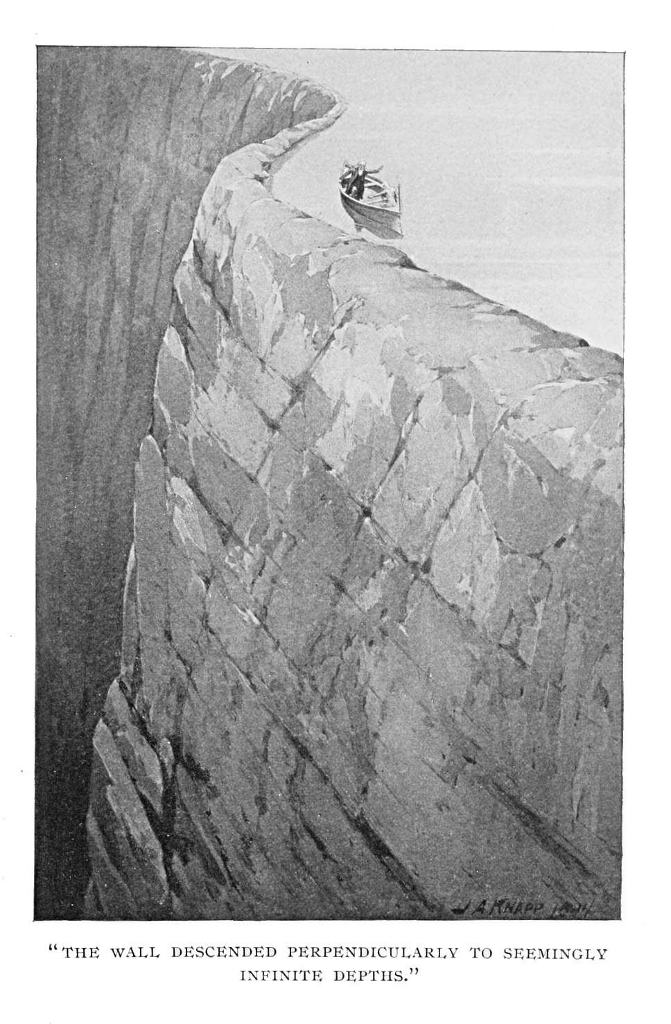 The Man and his eyeless guide aboard the boat on the underground lake, passing near a deep chasm, captioned as THE WALL DESCENDED PERPENDICULARLY TO SEEMINGLY INFINITE DEPTHS, illustration by J. Augustus Knapp, from Lloyd's "Etidorhpa" (1895), page 229.