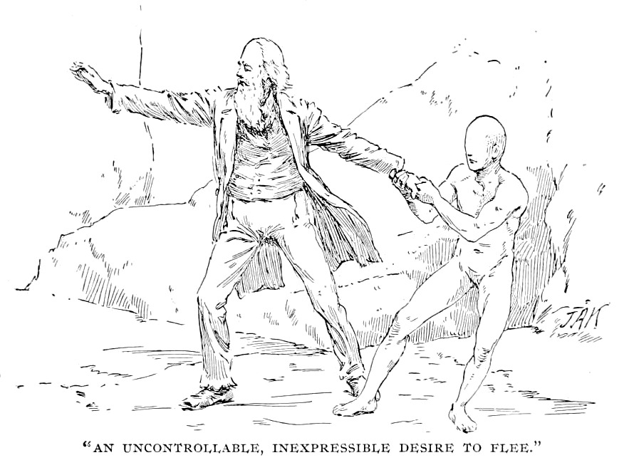 The eyeless guide holding the Man firmly as the latter tries to escape, captioned as AN UNCONTROLLABLE, INEXPRESSIBLE DESIRE TO FLEE,  illustration by J. Augustus Knapp, from Lloyd's "Etidorhpa" (1895), page 229.