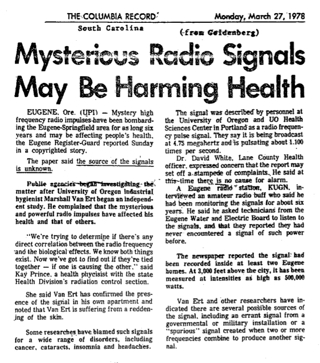 'Mysterious Radio Signals May Be Harming Health', Columbia Record, Monday, March 27, 1978.