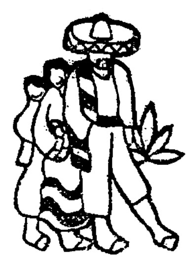 Black and white clipart of a man wearing a sombrero walks in front of a woman carrying a child on her back, a leaf in the background.