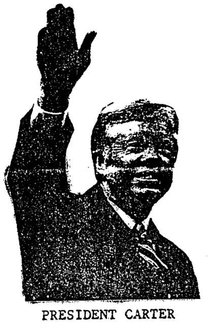 Black and white xerographic copy of a photo depicting then-President Jimmy Carter waving.