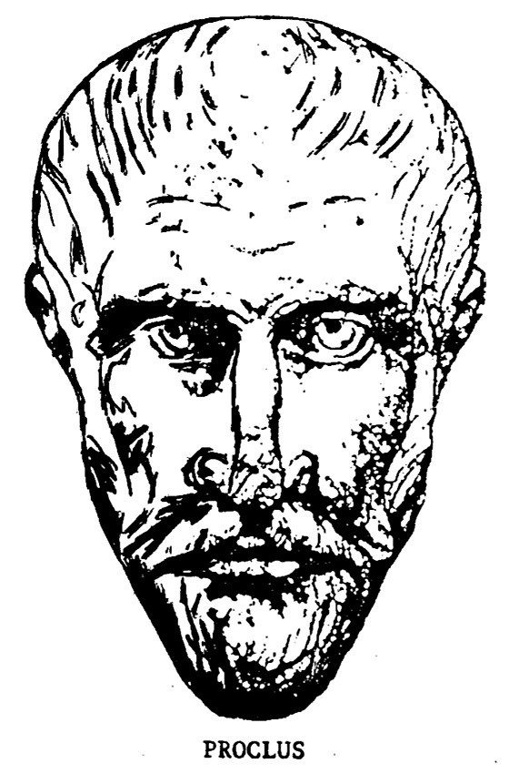 Black and white illustration, face of Proclus.