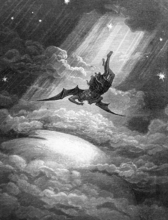 Gustave Dore, engraving, Satan falling to Earth, for Milton's Paradise Lost.