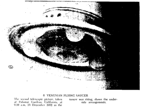 Black and white xerographic reproduction of George Adamski's telescopic photo of a Venusian flying saucer.