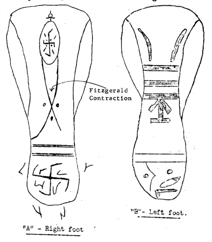 Black and white xerographic reproduction of sketch illustration of Williamson's Venusian sandal casts, showing both left and right foot patterns.