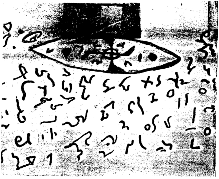Black and white xerographic reproduction of a sketch featuring symbols purportedly of Venusian origin.