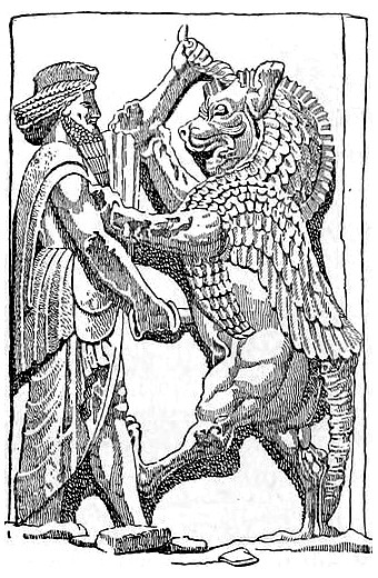 Illustration of a Persian king battling a monster that symbolizes Ahriman, a.k.a. Angra Mainyu.