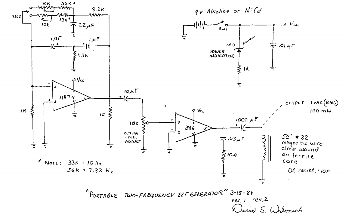 David S. Walonick's portable two-frequency ELF generator schematic.