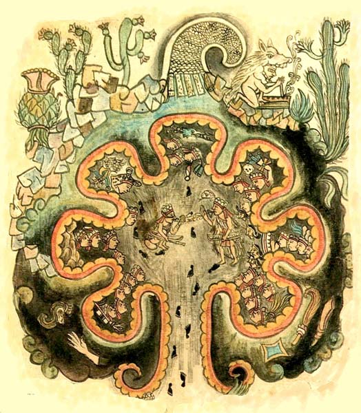 Chicomoztoc, the place of the seven caves, mythical origin of the nahuatlaca tribes, from the Historia Tolteca chicimeca, A post-Cortesian codex from 1550