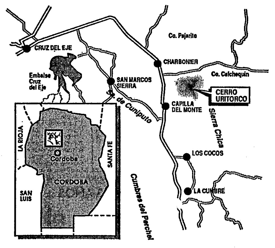Map of Cordoba area, arrow pointing to location of Uritorco Hill (Cerro Uritorco)