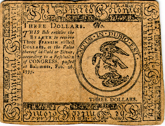 The United Colonies - Three Dollars - February 26, 1777