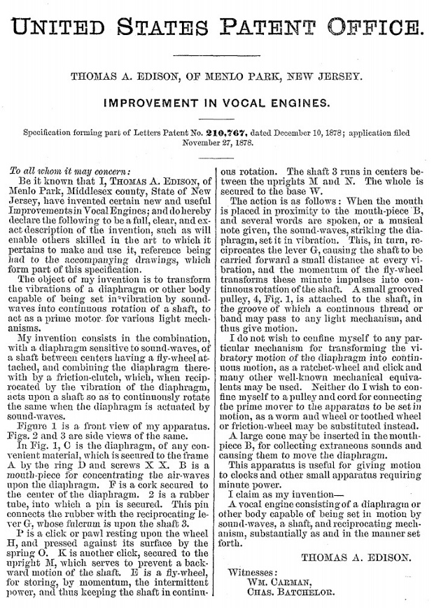Patent 210,767 - T. A. Edison - Vocal Engine (abstract)