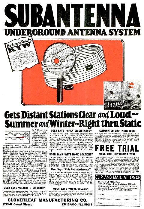 SUBANTENNA UNDERGROUND ANTENNA SYSTEM Gets Distant Stations Clear and Loud -- Summer and Winter -- Right thru Static