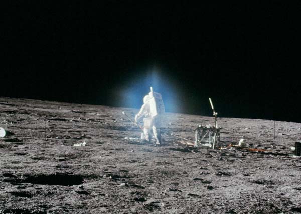 Apollo 12 mission photo of astronaut Alan Bean on the lunar surface.
