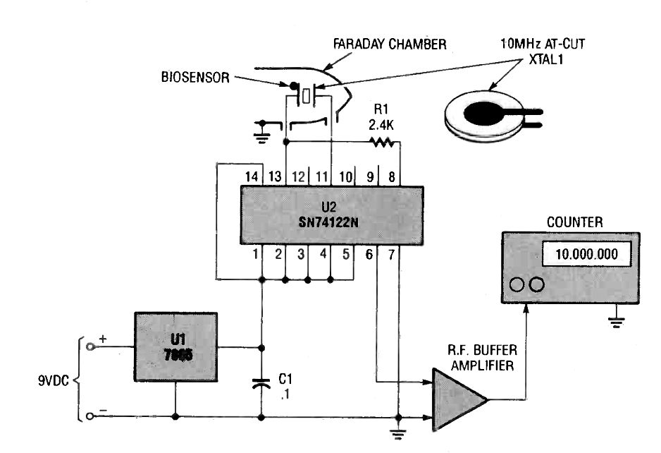 Fig. 1. This is a quartz-crystal biosensor assembly complete with oscillator and AT-cut quartz plate. Changes in the biosensor affect the operating frequency and thus the counter readout.
