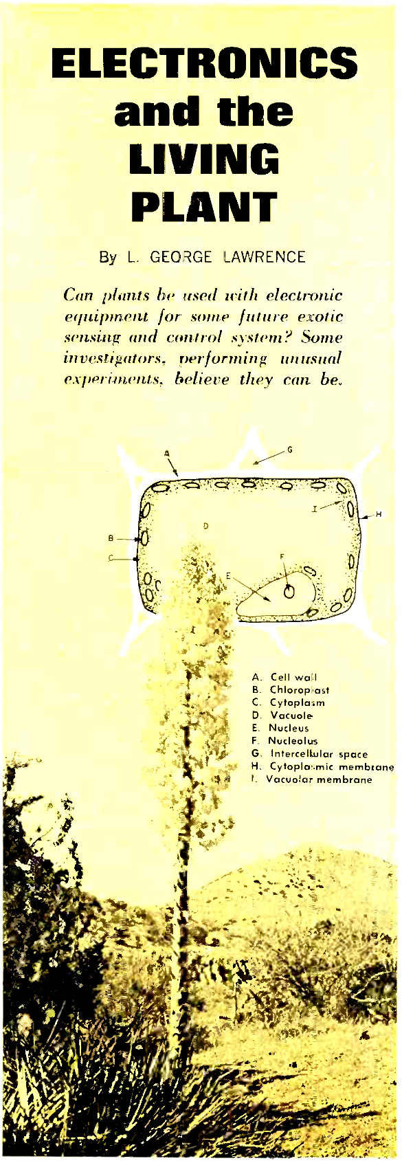 Text: ELECTRONICS and the LIVING PLANT by L. George Lawrence - Can plants be used with electronic equipment for some future exotic sensing and control system? Some investigators, performing unusual experiments, believe they can. (Image features a desert background with a tree and bushes, a plant cell diagram superimposed above, illustrating the cell wall, chloroplast, cytoplasm, etcetera.)