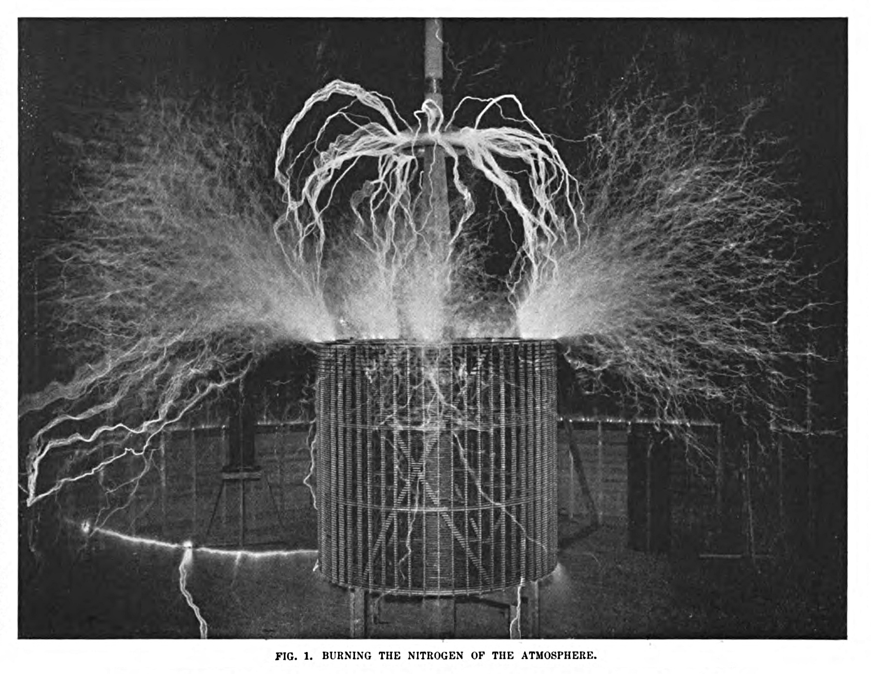 FIG. 1. Burning the Nitrogen of the Atmosphere. Note to Fig. 1. - This result is produced by the discharge of an electrical oscillator giving twelve million volts. The electrical pressure, alternating one hundred thousand times per second, excites the normally inert nitrogen, causing it to combine with the oxygen. The flame-like discharge shown in the photograph measures sixty-five feet across.