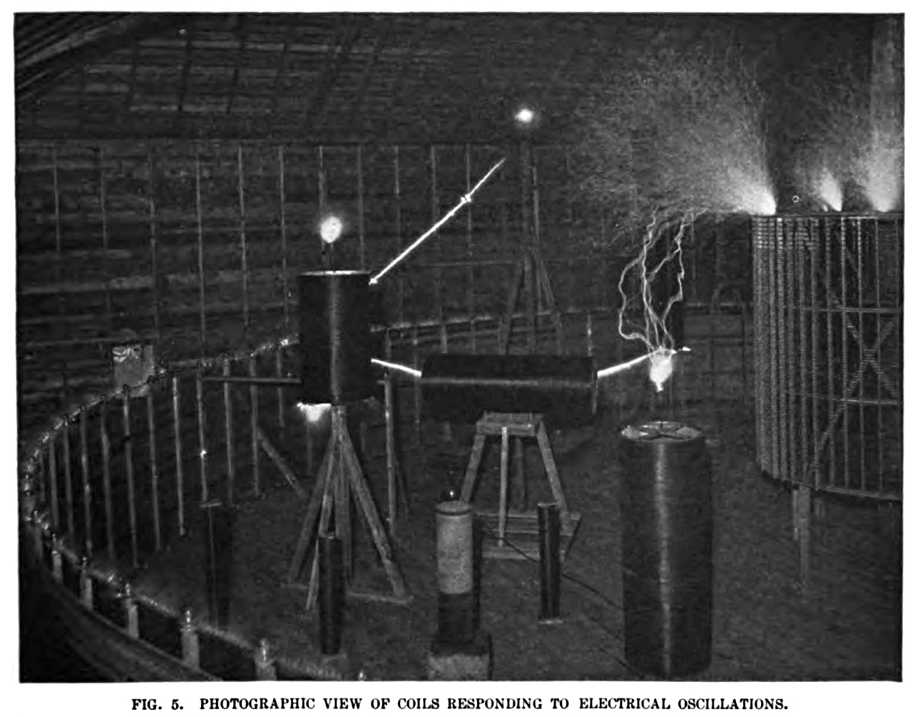 FIG. 5. Photographic view of coils responding to electrical oscillations. The picture shows a number of coils, differently attuned and responding to the vibrations transmitted to them through the earth from an electrical oscillator. The large coil on the right, discharging strongly, is tuned to the fundamental vibration, which is fifty thousand per second; the two larger vertical coils to twice that number; the smaller white wire coil to four times that number; and the remaining small coils to higher tones. The vibrations produced by the oscillator were so intense that they affected perceptibly a small coil tuned to the twenty-sixth higher tone.