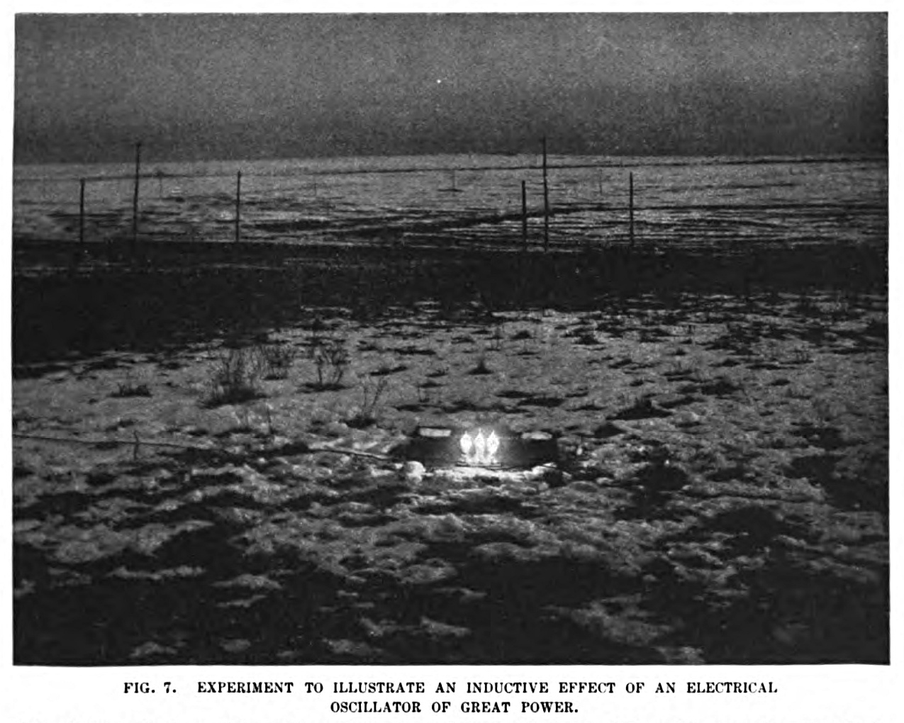 FIG. 7. Experiment to illustrate an inductive effect of an electrical oscillator of great power. The photograph shows three ordinary incandescent lamps lighted to full candle-power by currents induced in a local loop consisting of a single wire forming a square of fifty feet each side, which includes the lamps, and which is at a distance of one hundred feet from the primary circuit energized by the oscillator. The loop likewise includes an electrical condenser, and is exactly attuned to the vibrations of the oscillator, which is worked at less than five per cent. of its total capacity.